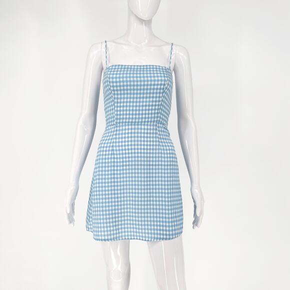 Reformation Preston Blue Gingham Mini Dress Women’s Size 2 Linen Tencel Sundress - Picture 1 of 5